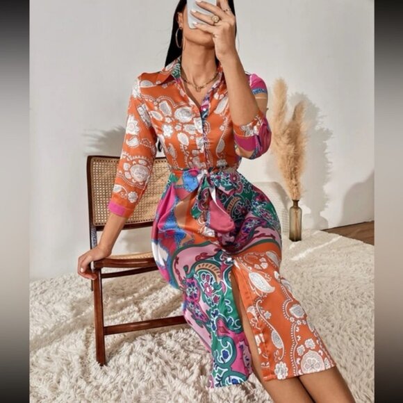 Boho floral print belted shirt dress - Picture 1 of 6